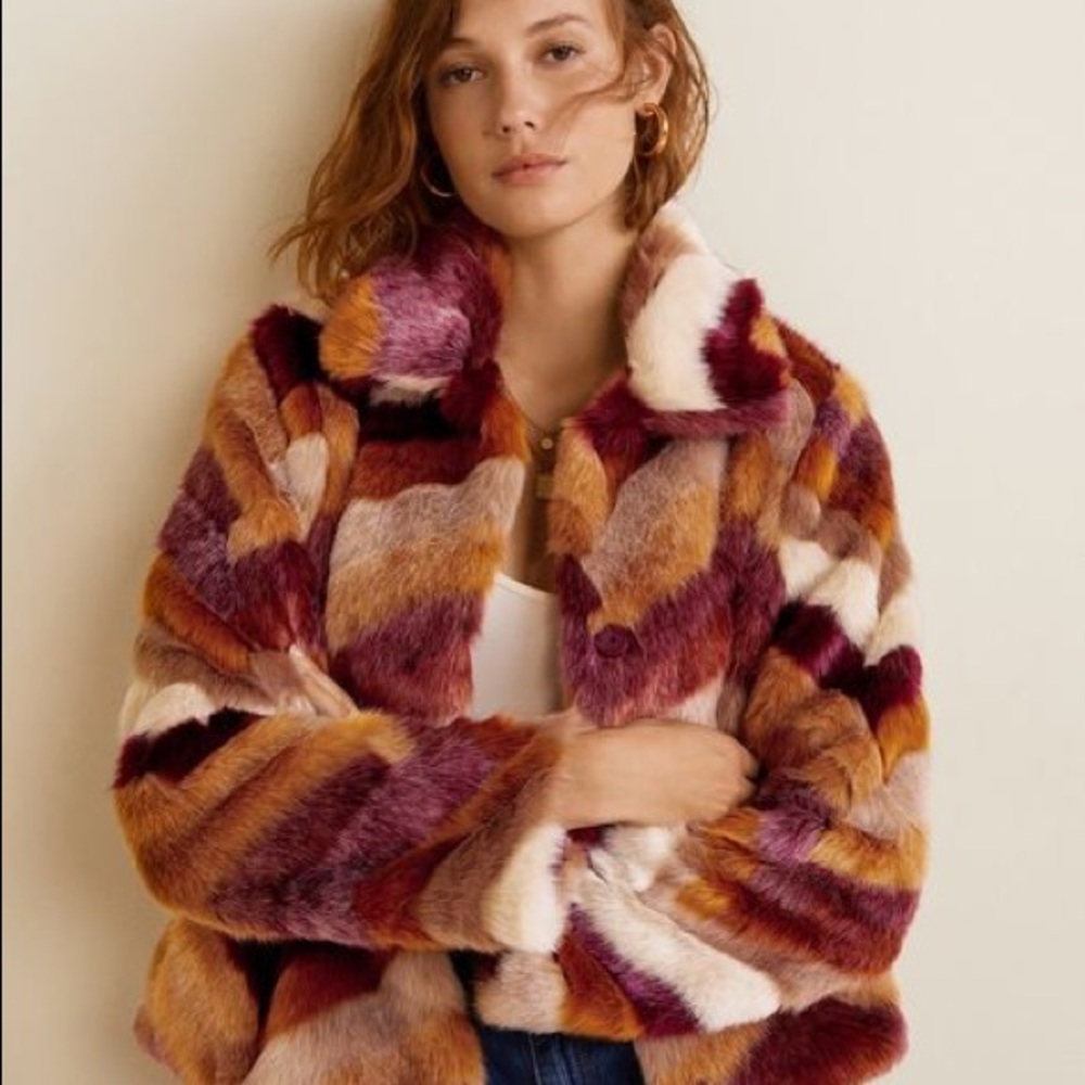 MANGO / FAUX FUR MULTICOLOR COAT / SIZE: M